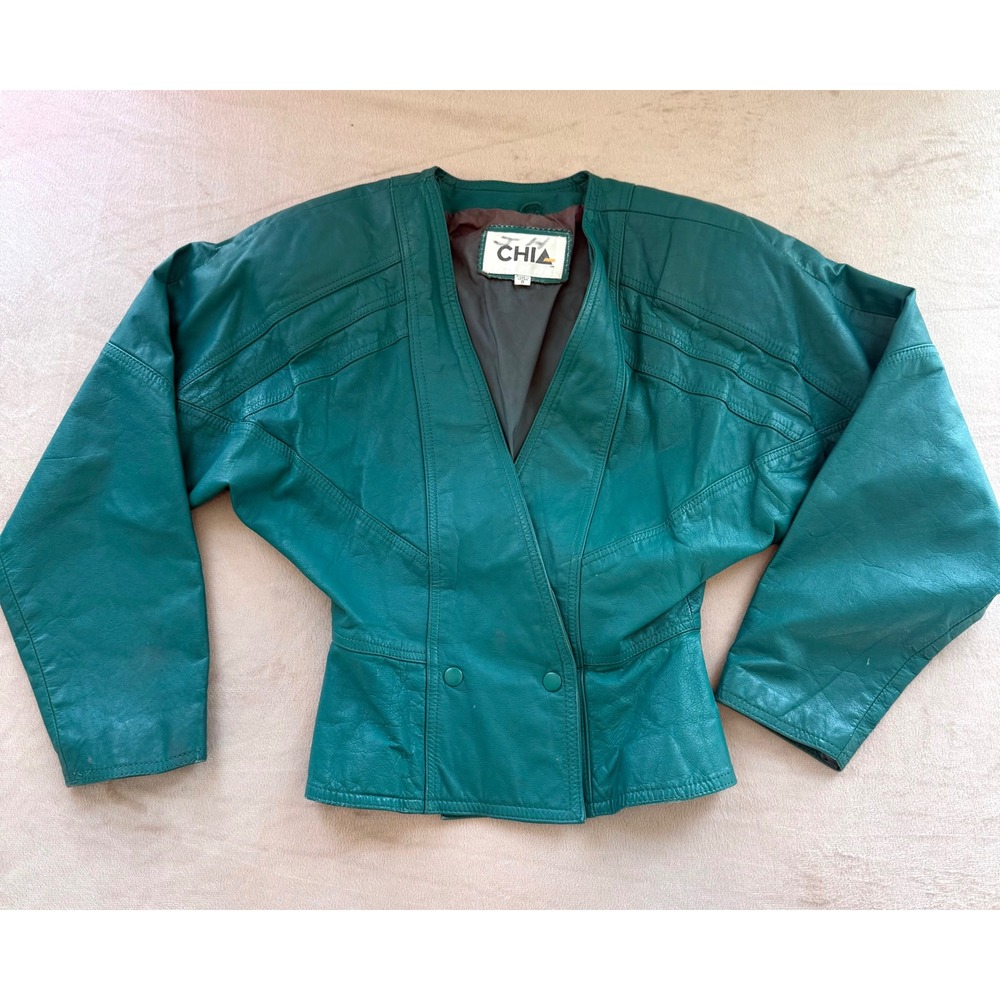 Vintage Chia Green Leather Batwing Jacket 80s V-Neck Double Button Size S 5946